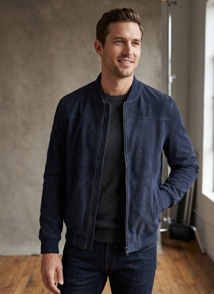 Slim Fit Suede-Texture Zip-Up Bomber
