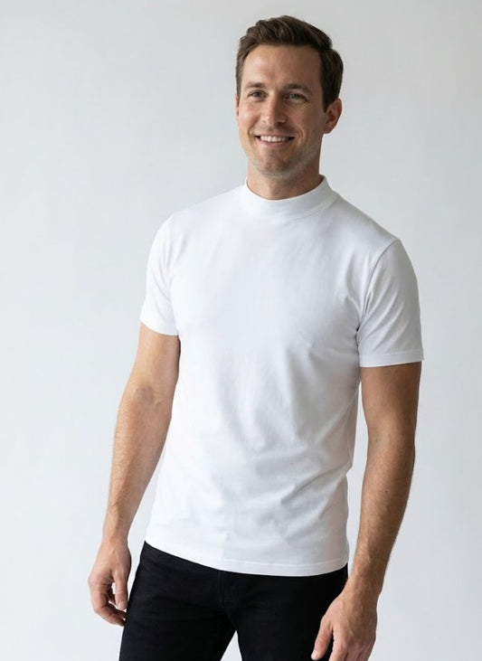 Men's White Short Sleeve Mock Neck Tee