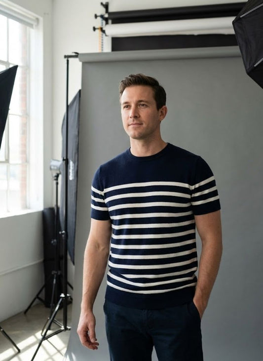 Navy and White Striped Knit Sweater Shirt